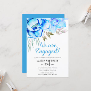 Aqua blue watercolor flowers floral engagement invitation