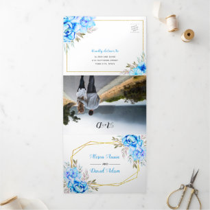 Aqua blue watercolor flowers with RSVP wedding Tri-Fold Invitation