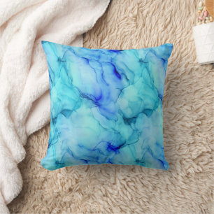 Aqua Blue Watercolor Fluid Marble Cushion
