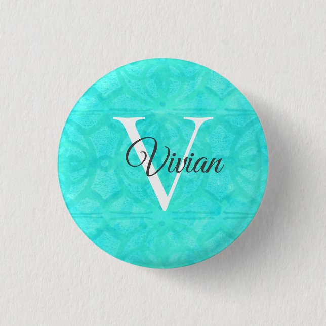 Aqua Blue Watercolor Monogram Name 3 Cm Round Badge (Front)