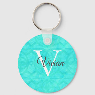 Aqua Blue Watercolor Monogram Name Key Ring