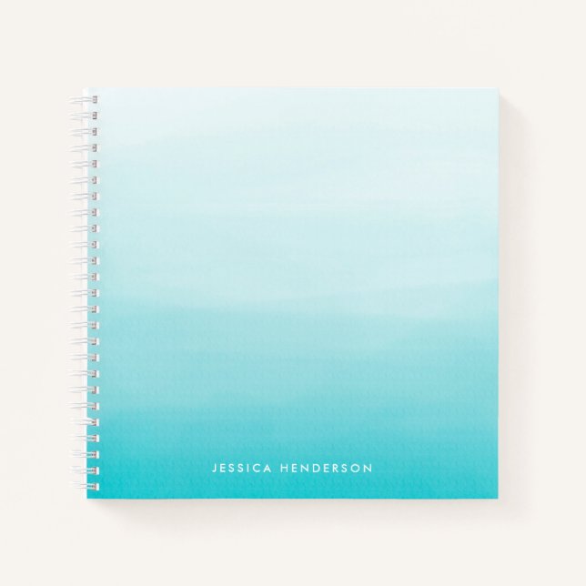 Aqua Blue Watercolor Ombre Modern Personalised Notebook (Front)