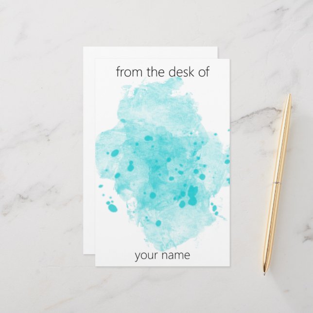 Aqua Blue Watercolor Paint Blotter with Name Stationery (Front/Back In Situ)