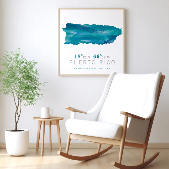 Aqua Blue Watercolor Puerto Rico Map Coordinates Poster | Zazzle