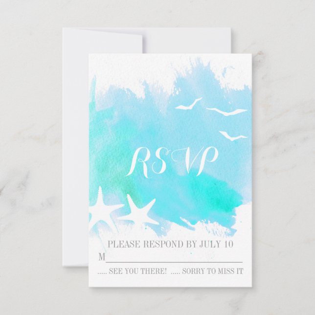 Aqua blue watercolor splash, starfish wedding RSVP Card (Front)