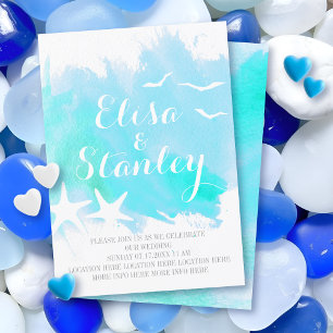 Aqua blue watercolor, starfish beach wedding invitation