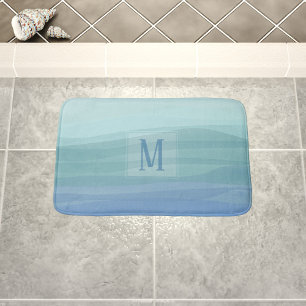 Aqua Blue Watercolor Waves Monogram Bath Mat