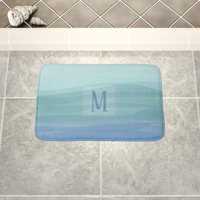 Aqua Blue Watercolor Waves Monogram Bath Mat (Serene aqua blue watercolor waves bath mat with your initial. Available in 3 sizes. S, M & L)