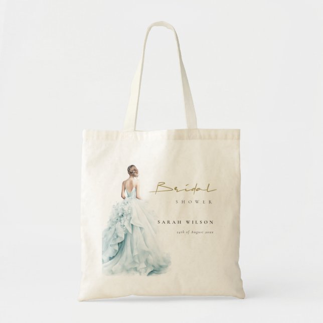 Aqua Blue Watercolor Wedding Gown Bridal Shower Tote Bag (Front)