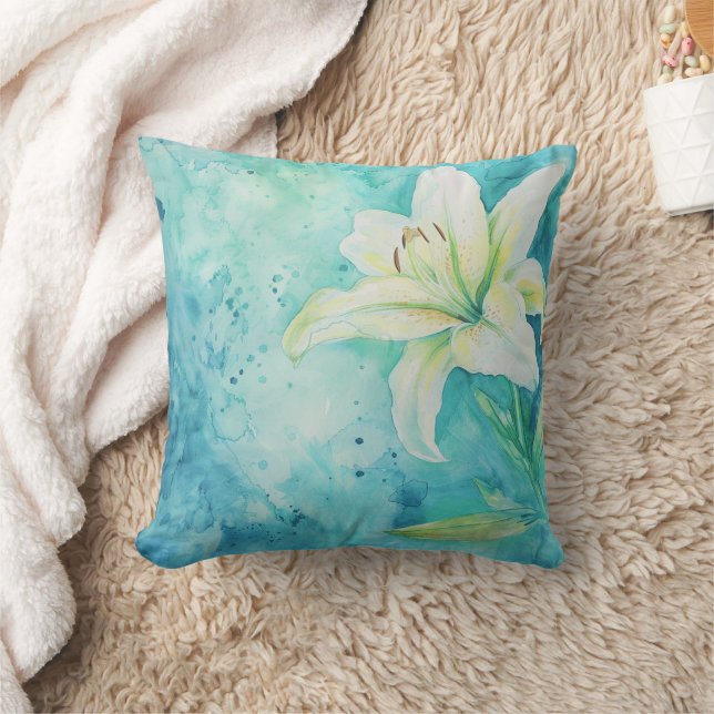 Aqua Blue Watercolor White Lily Floral  Cushion (Blanket)
