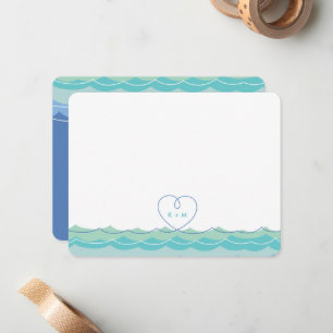 Aqua Blue Waves Loopy Heart Wedding Thank You Card