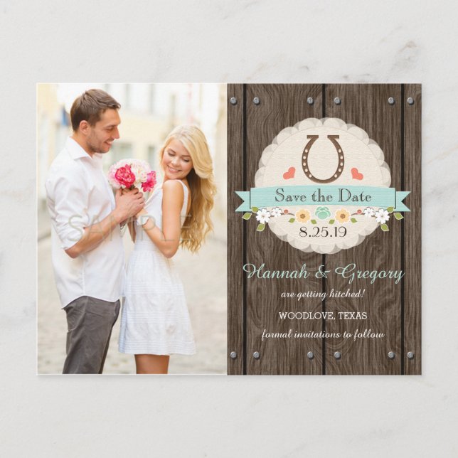 Aqua Blue Western Horseshoe Save the Date Postcard (Front)