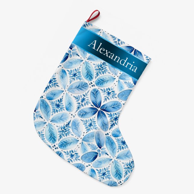 Aqua Blue White Batik Floral Christmas Name Large Christmas Stocking (Front (Hanging))