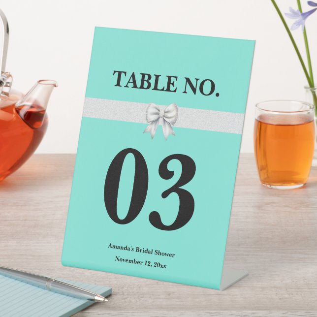 Aqua Blue White Bow Bridal Shower Pedestal Sign (In SItu)