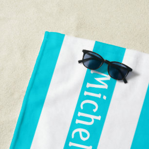 Aqua Blue White Cabana Stripes Personalised Beach Towel