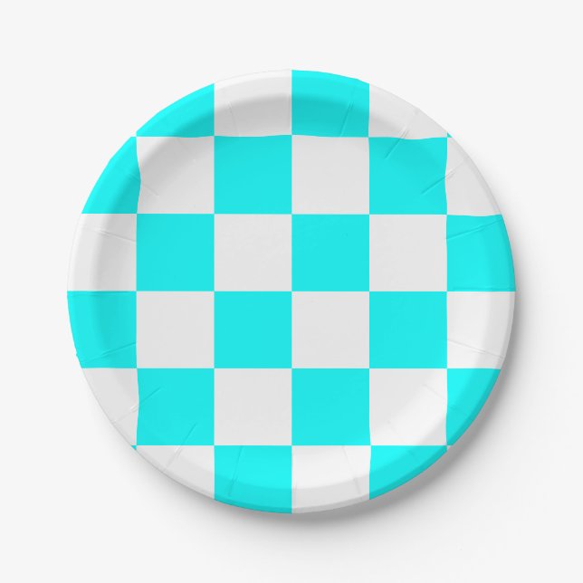 Aqua Blue/White Chequered Paper Plate (Front)