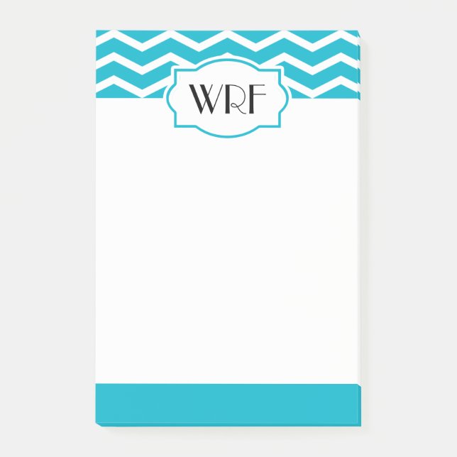 Aqua Blue White Chevron Patterned Monogrammed Post-it Notes (Front)