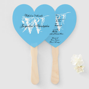 Aqua Blue & White Chic Monogram Wedding Program  Hand Fan