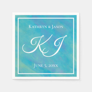 Aqua Blue & White Custom Name Wedding Napkin