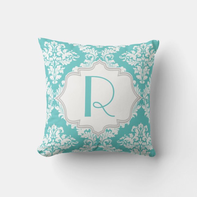 Aqua blue, white damask pattern throw cushion (Front)