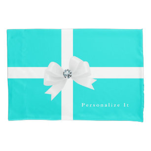 Aqua Blue & White Elegant Glam Diamond Bow Pillowcase