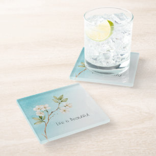 Aqua Blue White Floral Glass Coaster