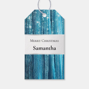 Aqua Blue White Glam Tinsel Stripes Gift Tags