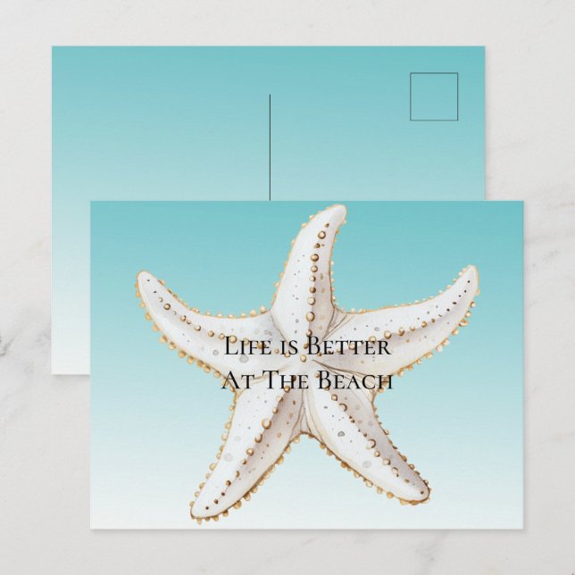 Aqua Blue White Gold Starfish Beach  Postcard (Front/Back)