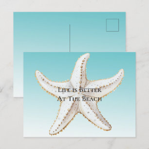 Aqua Blue White Gold Starfish Beach Postcard
