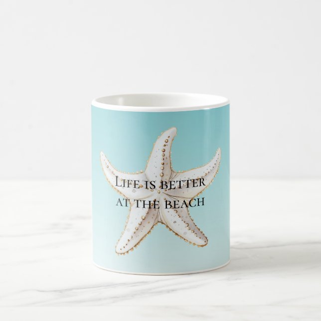 Aqua Blue White Gold Starfish Beach Quote Coffee Mug (Center)