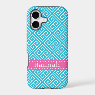 Aqua Blue White Greek Key Pattern Pink Template