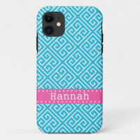 Aqua Blue White Greek Key Pattern Pink Template