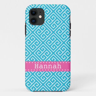 Aqua Blue White Greek Key Pattern Pink Template iPhone 11 Case