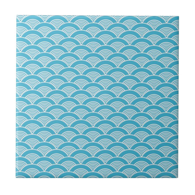 Aqua Blue White Japanese Wave Pattern Tile (Front)