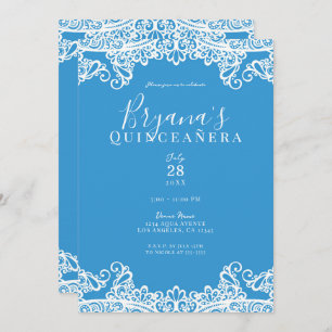 Aqua Blue & White Lace Elegant Quinceañera Party Invitation
