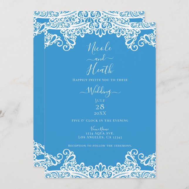 Aqua Blue & White Lace Elegant Wedding  Invitation (Front/Back)