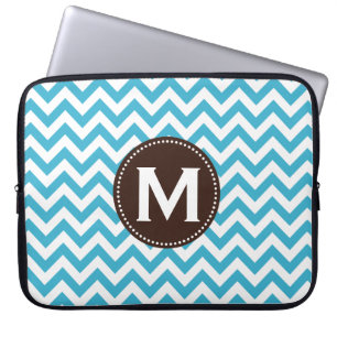 Aqua Blue White Monogram Chevron Pattern Laptop Sleeve