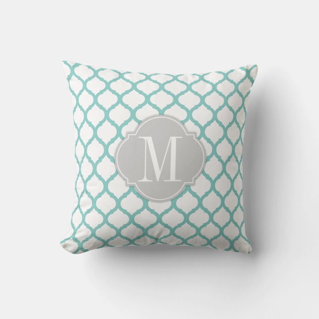 Aqua blue & White Moroccan Pattern with Monogram Cushion (Front)