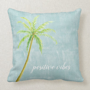 Aqua Blue White Ocean Shore Palm Tree Cushion