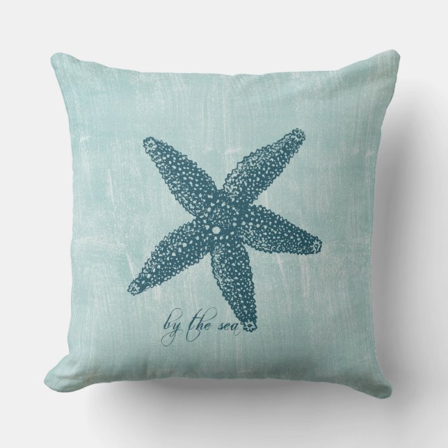 Aqua Blue White Ocean Shore Starfish Cushion (Front)