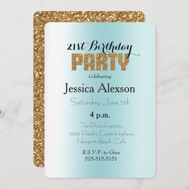 Aqua Blue White Ombre Gold Glitter Invitation (Front/Back)