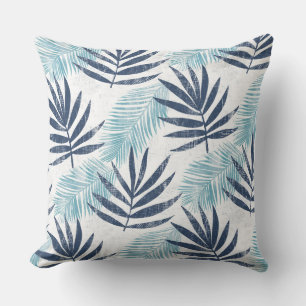 Aqua Blue White Palm Leaf Throw Pillow