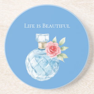 Aqua Blue White Perfume Bottle Rose Coaster