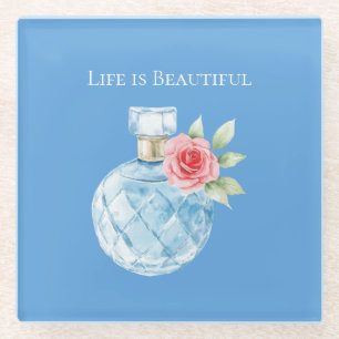 Aqua Blue White Perfume Bottle Rose Glass Coaster