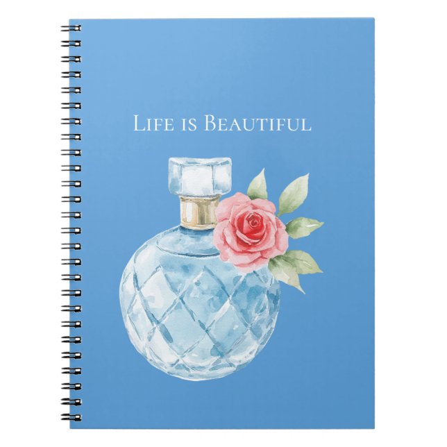 Aqua Blue White Perfume Bottle Rose Notebook (Front)