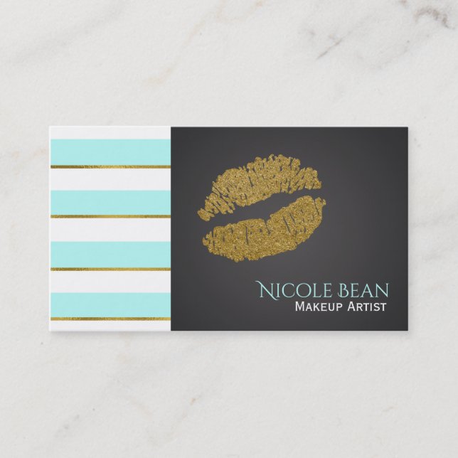 Aqua Blue White Stripes Faux Gold Shine Lips Business Card (Front)