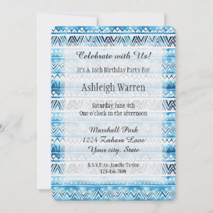Aqua Blue White Tribal Stripes 16th Birthday Invitation