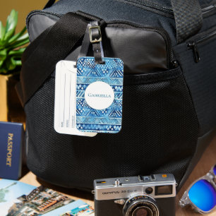 Aqua Blue White Tribal Stripes Dots Luggage Tag
