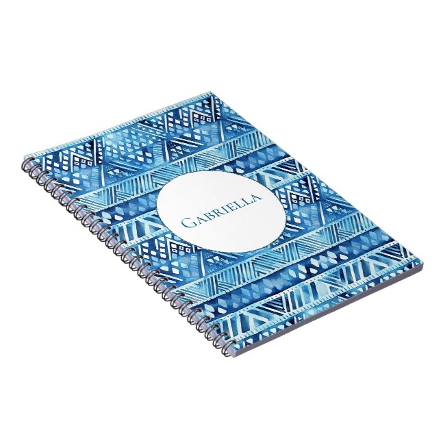 Aqua Blue White Tribal Stripes Dots  Notebook (Right Side)