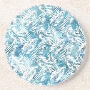 Aqua Blue White Tropical Leaves   Coaster